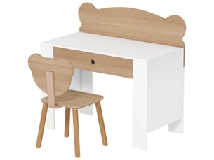 Bureau enfant en bois naturel avec chaise, plateau et tiroir, forme ours, filles et garçons