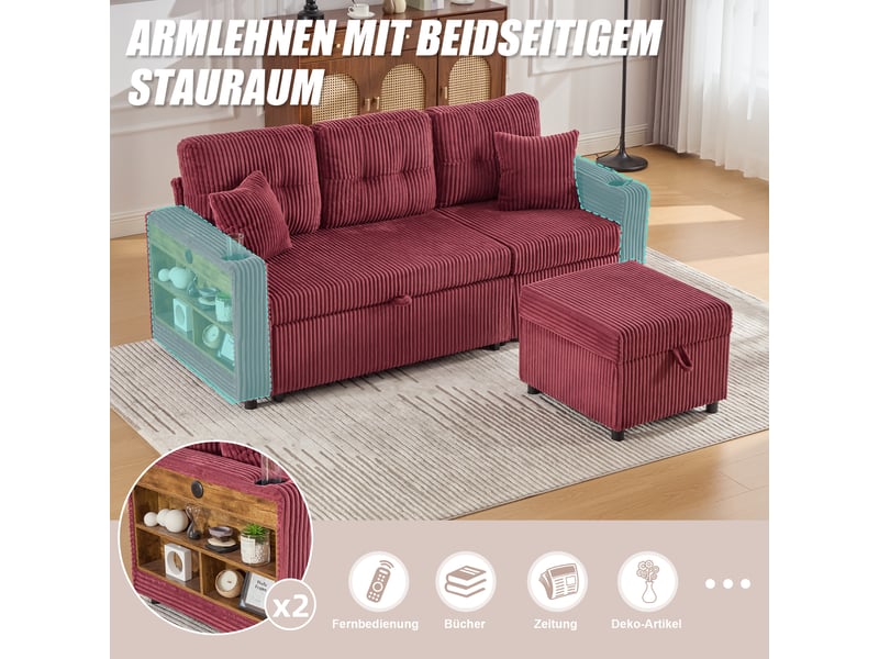  Canapé de salon, canapé velours – en velours tricoté, avec accoudoirs, port usb, avec rangement, lit gigogne, porte-gobelets  - Conforama E