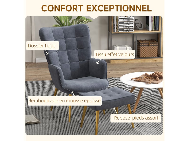  Fauteuil avec repose-pied en velours capitonné dossier haut pieds dorés gris foncé  - Conforama D