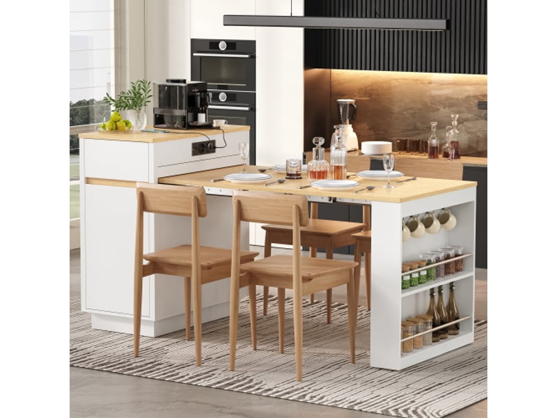 Îlot de cuisine mobile sur roulettes – table extensible et plateau pliable, bar d’appoint blanc, multiprise et crochets - Conforama B