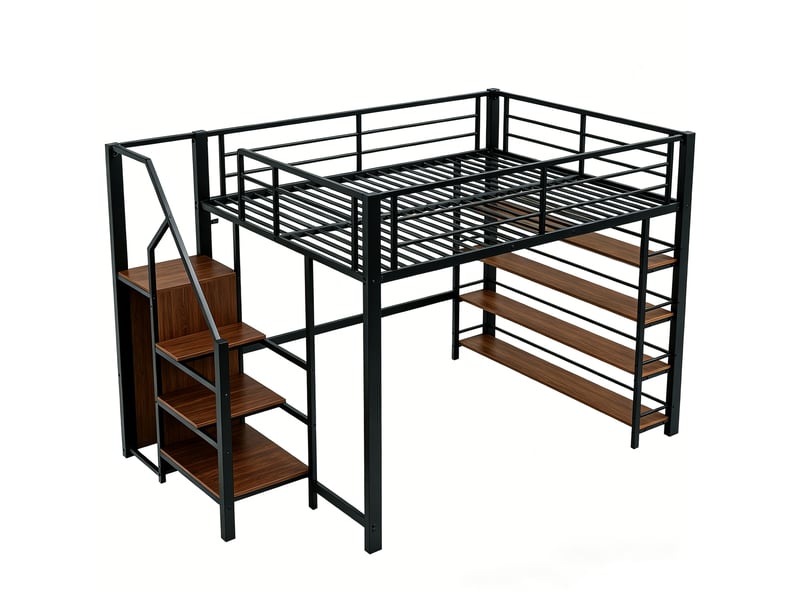  Lit mezzanine 2 places 140 × 200 cm avec escalier à tiroirs, penderie et étagères, sans matelas, en métal noir  - Conforama A