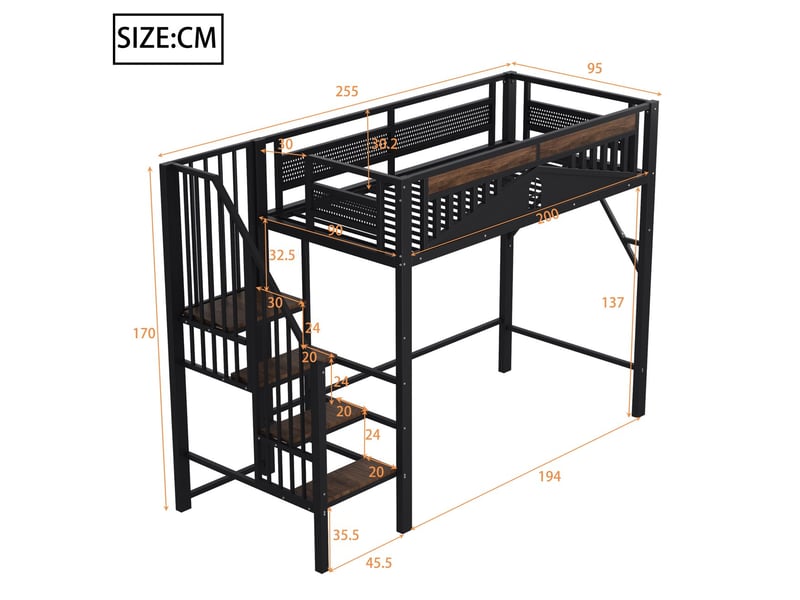  Lit mezzanine 90x200, structure métal sécurisée lit mezzanine, garde-corps fenêtre, rangements intégrés  - Conforama C