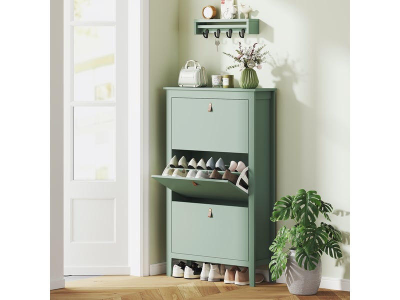 Meuble à chaussures 3 portes battantes poignées lanières boucles effet cuir vert  - Conforama E