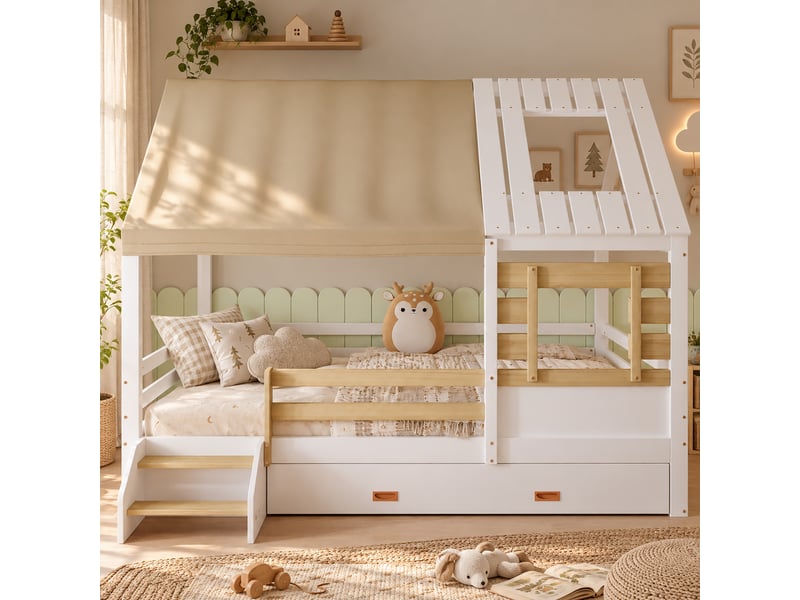  Lit cabane enfant 120 x 200 cm en bois blanc et naturel avec toit en tissu amovible, fenêtres, grand tiroir et garde-corps sans matelas  - Conforama W