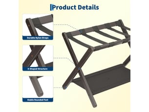 Porte-bagages pliant de luxe en bambou avec étagère, sangles nylon résistantes, charge 50 kg – chambre d'amis, salon, hôtel-marron