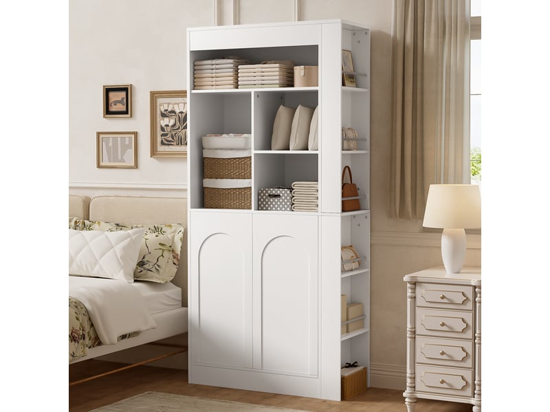 Meuble de rangement avec 2 portes et étagères réglables pour salon en panneaux de particules 85×35×180 cm blanc - Conforama C