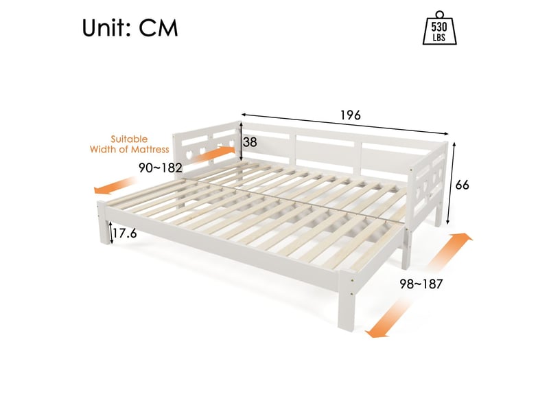  Canapé gigogne 90x190, couchage d'appoint lit gigogne, pin massif, design cœur, blanc, sommier inclus, montage facile  - Conforama C