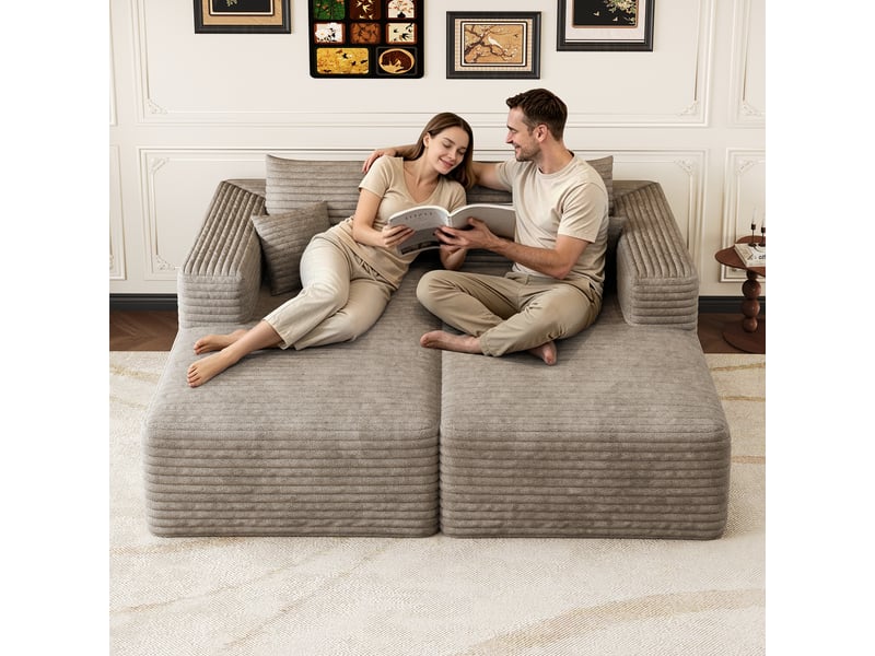  Canapé modulable convertible 2 places 180 x 151 x 58 cm, canapé-lit sans structure, assise en mousse, design minimaliste, velours côtelé, camel Bliss Lite - Conforama B
