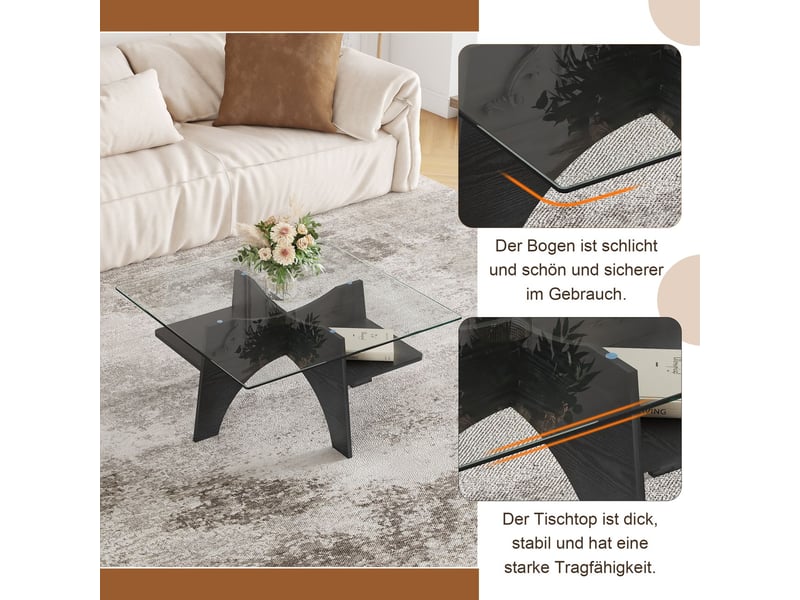  Table basse 80 cm, plateau verre trempé, table basse salon, piètement mdf noir, tablette inférieure, facile d'entretien  - Conforama D