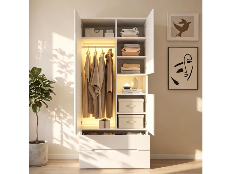  Armoire battante 90x50x200 cm avec led, 3 portes, 2 tiroirs, 6 compartiments, mdf et métal, blanc, rangement chambre  - Conforama E