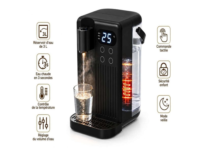  Distributeur d'eau chaude instantanée 2000w 3l – bouilloire électrique chauffe rapide en 3 secondes, 12 températures de 25 à 99°c, écran led tactile et sécurité enfant – noir  - Conforama A