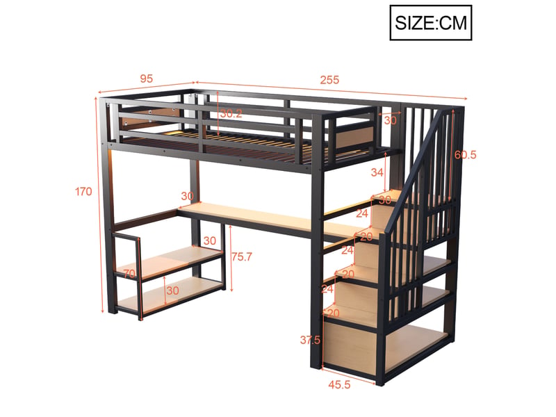  Lit mezzanine enfant 90x200 cm – noir – bureau, étagères, escalier de rangement, led - sans matelas  - Conforama C