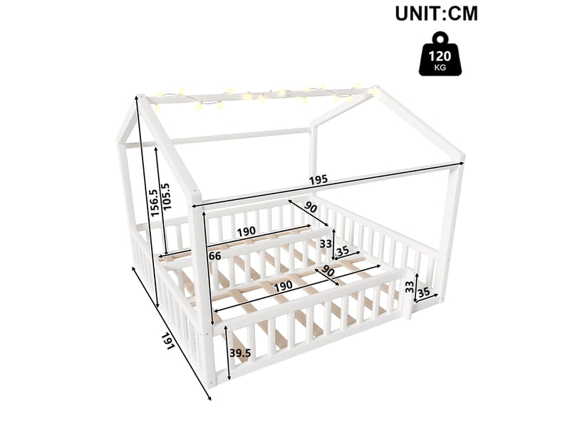 Lit cabane 90x190 cm, forme cabane avec barrières, modulable, en bois, blanc, sans matelas  - Conforama C