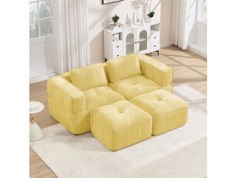  Canapé modulable 2 places 198x162x67 cm, mousse 32d, assise profonde, 2 poufs, avec, polyester, jaune  - Conforama D