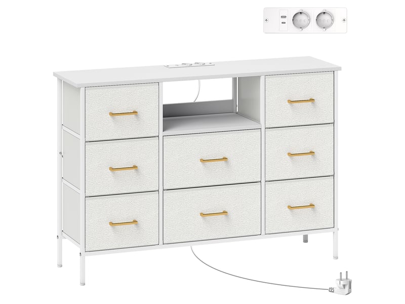  Commode 8 tiroirs en tissu bouclette, structure en acier 110x30x76cm crème, meuble de rangement avec 2 prises de courant  - Conforama B