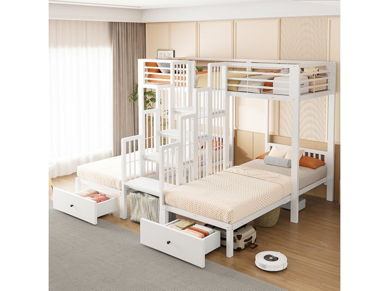  Lit superposé enfant métal 90 x 200 cm, escalier central, barrières de sécurité, tiroirs, blanc ABC - Conforama E