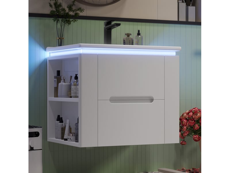  Meuble de salle de bain suspendu 61x46x50cm avec led, vasque, armoire de rangement, style moderne et simple, mdf blanc  - Conforama D