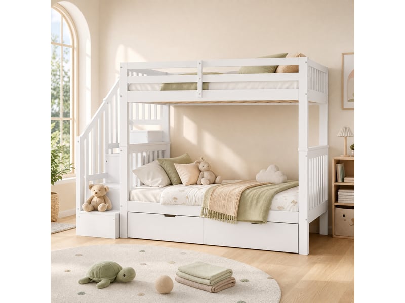  Lit superposé enfant 90 x 200 cm blanc avec escalier-rangement et 2 tiroirs  - Conforama C