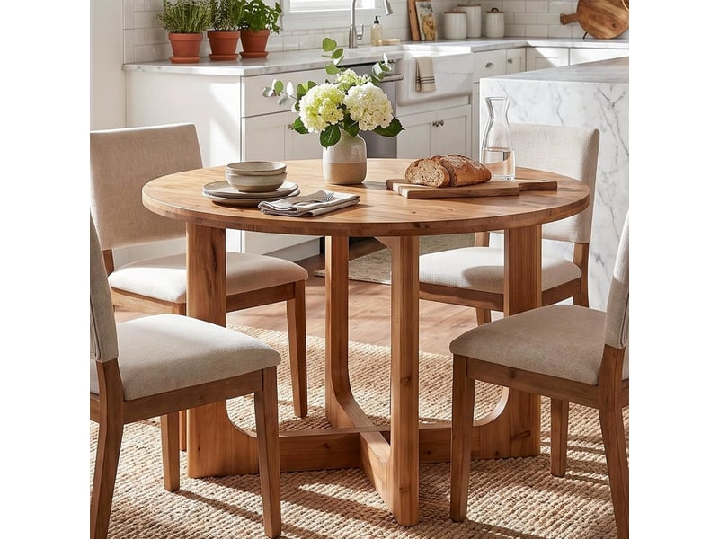  Table de salle à manger ronde en bois massif 100 cm brun rustique, pieds en x, 2 à 4 couverts, gain de place, montage facile, style champêtre  - Conforama D