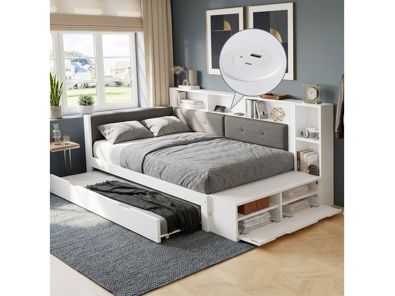  Lit fonctionnel 120x200 cm blanc et gris avec lit gigogne 90x190 cm, rangement et base de charge, sans matelas  - Conforama B