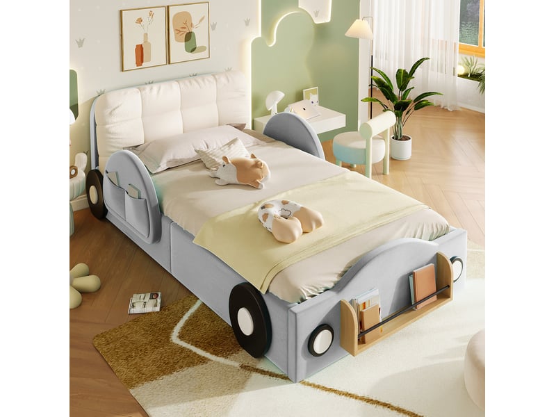 Lit coffre enfant 90x200 cm, mdf gris, équipé de design voiture, de tête de lit et de sommier à lattes, sans matelas - Conforama B