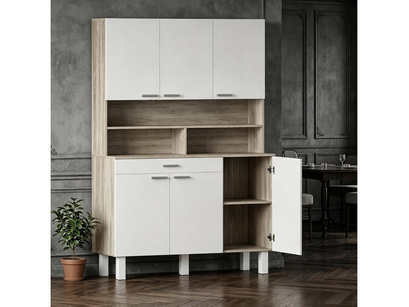  Buffet de cuisine modenvie 120 x 40 x 175 cm blanc et naturel, 6 portes, tiroir, niches ouvertes, pieds métalliques  - Conforama D