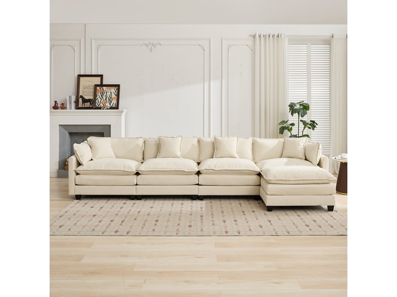 Canapé 4 places en chenille beige, canapé modulable et rembourré double couche pour salon et appartement ,pouf non inclus - Conforama W