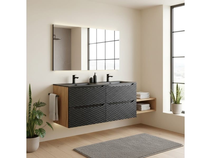  Ensemble de salle de bain yoka noir : meubles sous vasque à tiroirs 120 cm + double vasques à encastrer noires  - Conforama B