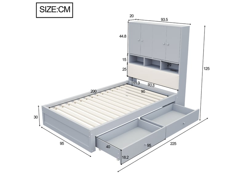  Lit multifonctionnel en bois 90 × 200 cm avec tête de lit rembourrée, rangements intégrés, étagères, éclairage led, prise électrique, tiroirs et sommier à lattes, gris  - Conforama E