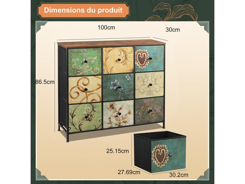  Commode 9 tiroirs, commode de rangement, tissu floral, structure en métal, pour salon, chambre, style bohème,100 x 30 x 86,5 cm  - Conforama C