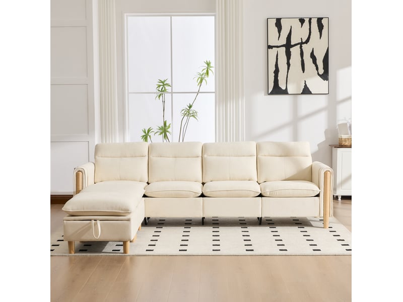 Canapé modulable 4 places en u modenvie avec 2 poufs coffres, tissu chenille beige, 261 x 77 x 86 cm - Conforama E