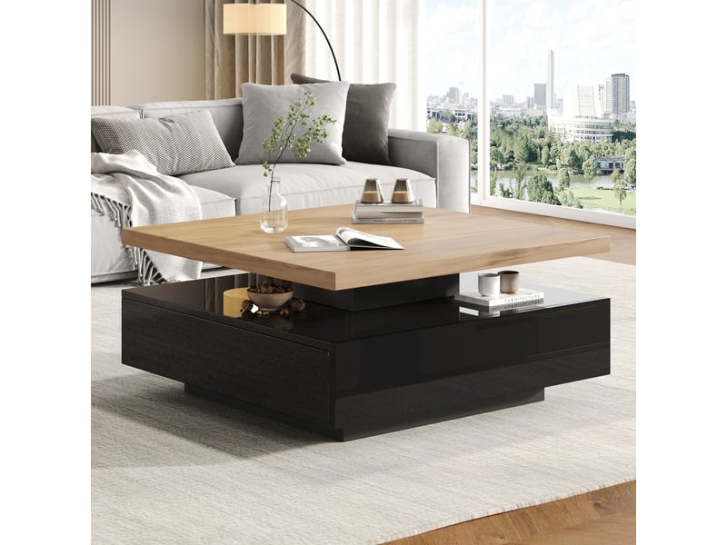  Table basse carrée pivotante 360° avec tiroir, table de salon 70x70 cm, finition noir brillant et noyer  - Conforama W