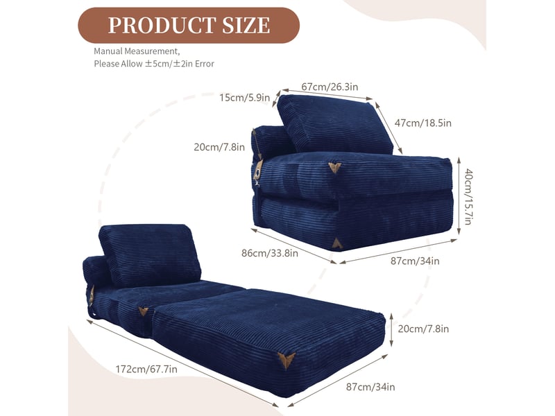  Fauteuil convertible 87 x 86 x 40 cm bleu – rangement intégré – tissu flanelle – sans montage compliqué  - Conforama C