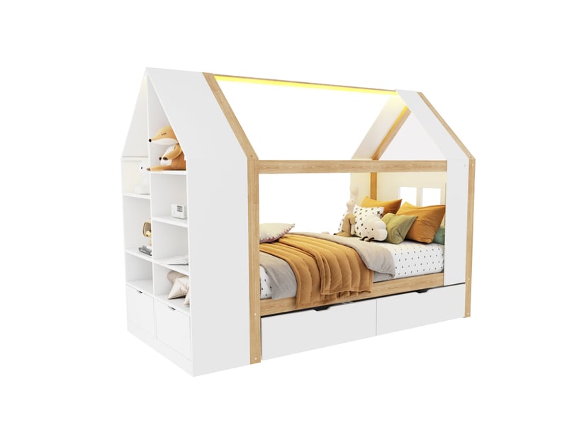  Lit enfant rangement 90x200 maison bois massif avec tiroirs et led blanc naturel homvra  - Conforama A
