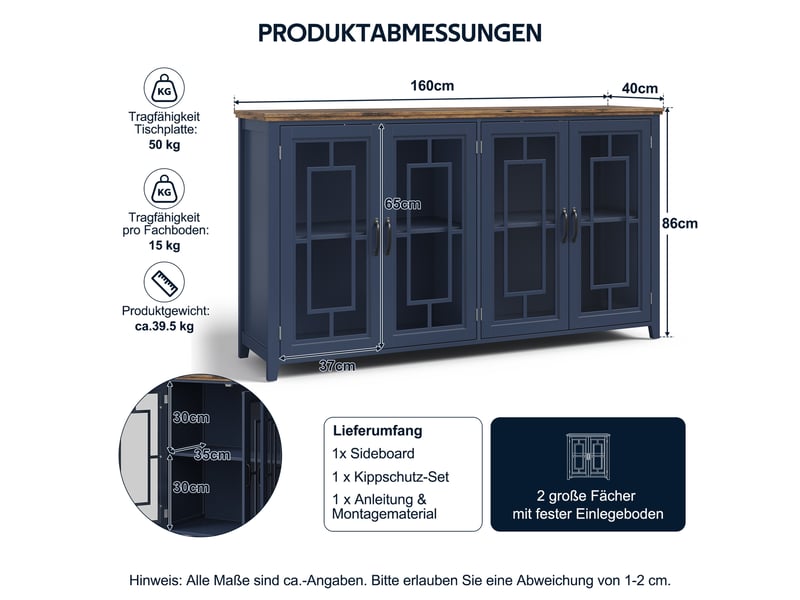  Buffet de cuisine na 160 cm avec portes vitrées, grand rangement et plateau effet bois moderne  - Conforama C