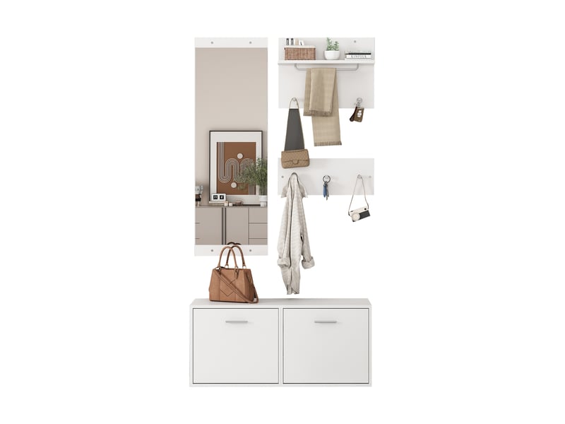 Meuble d’entrée 4 pièces blanc, banc à chaussures 90 x 30 x 41,5 cm, miroir mural et 2 porte-manteaux avec 6 patères - Conforama A