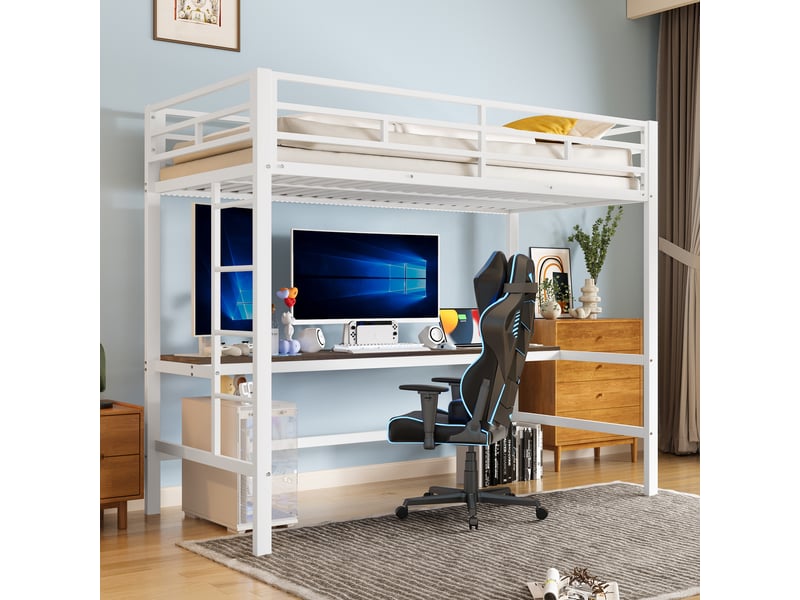  Lit superposé enfant 90*200 cm, coloris blanc, sans matelas, cadre en métal, ruban led, ports usb, garde-corps, en747  - Conforama D