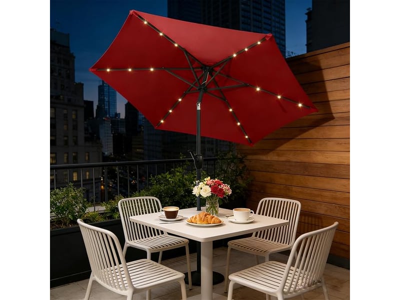  Parasol de jardin extérieur ø 230 cm, parasol inclinable lumineux solaire,bouton-poussoir,manivelle,toit ventilé,cadre en métal (230x230x225cm,rouge)  - Conforama B