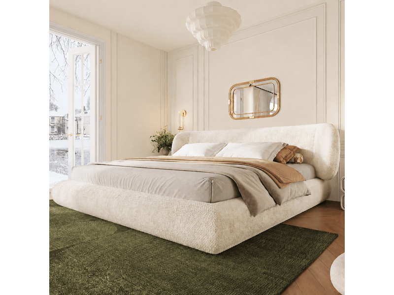 Lit rembourré en chenille beige 160x200 cm avec tête de lit arrondie Fay Lum - Conforama B