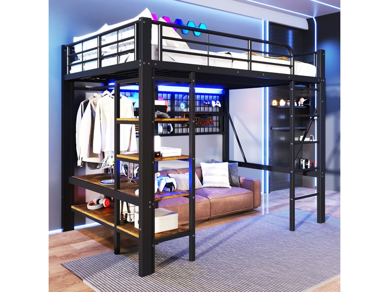  Lit mezzanine 140 x 200 cm, structure métal, led, bureau, étagères, panneau perforé, usb, sans matelas, noir  - Conforama E