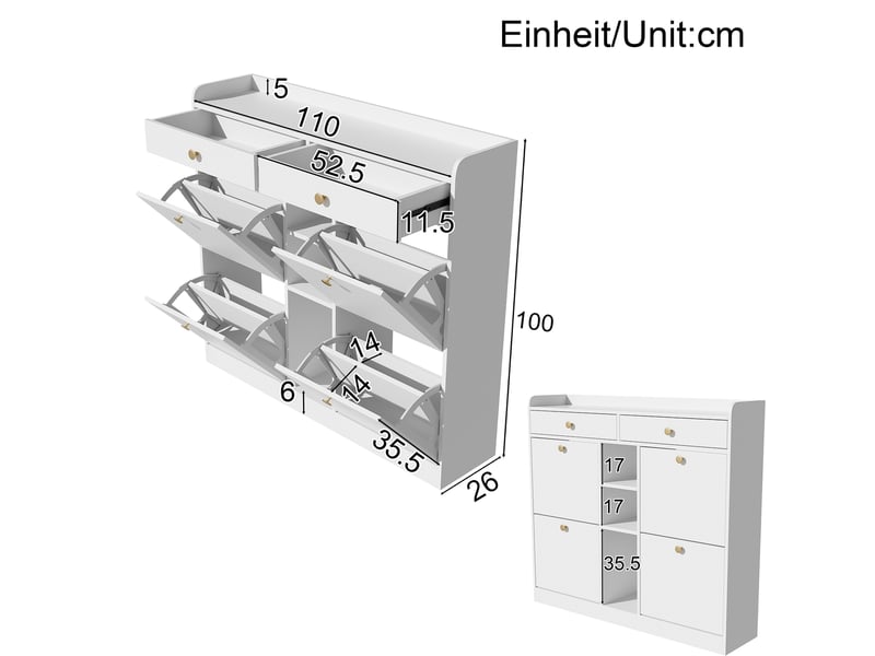  Meuble à chaussures avec 4 portes abattantes, 2 tiroirs et 3 niches 110×26×100 cm blanc  - Conforama E