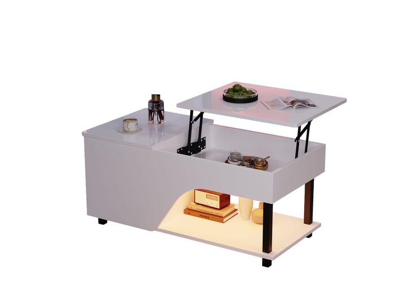  Table basse relevable avec rangement caché et étagères réglables pour salon, en panneau de particules blanc, 50 × 100 × 46 cm  - Conforama A