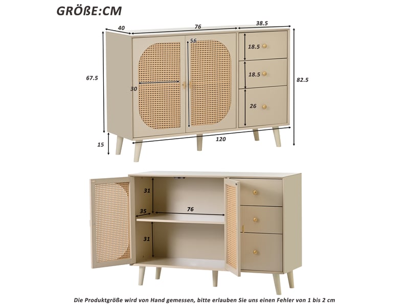 Buffet 120x40x82,5cm avec 3 tiroirs, 2 portes, grand rangement, style tendance, panneaux de particules, off-white - Conforama D