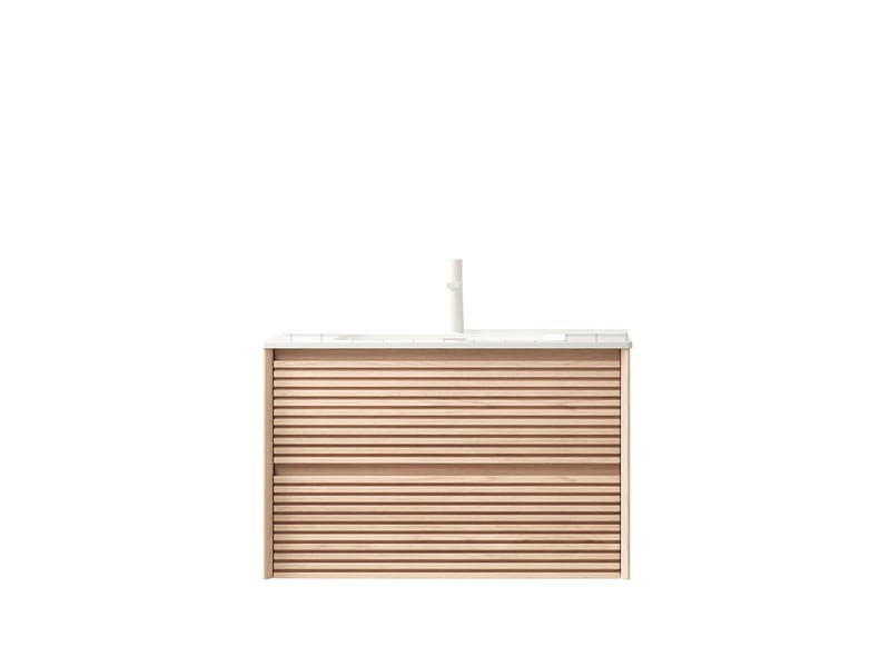  Meuble sous vasque mural 2 tiroirs avec lavabo en céramique blanche, finition noyer naturel pour salle de bain, 81 cm  - Conforama A