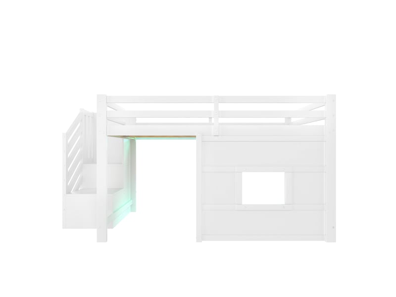  Lit mezzanine 140x200 cm blanc, avec escalier de rangement 2 compartiments, fenêtre, led, garde-corps, sommier inclus, sans matelas  - Conforama E