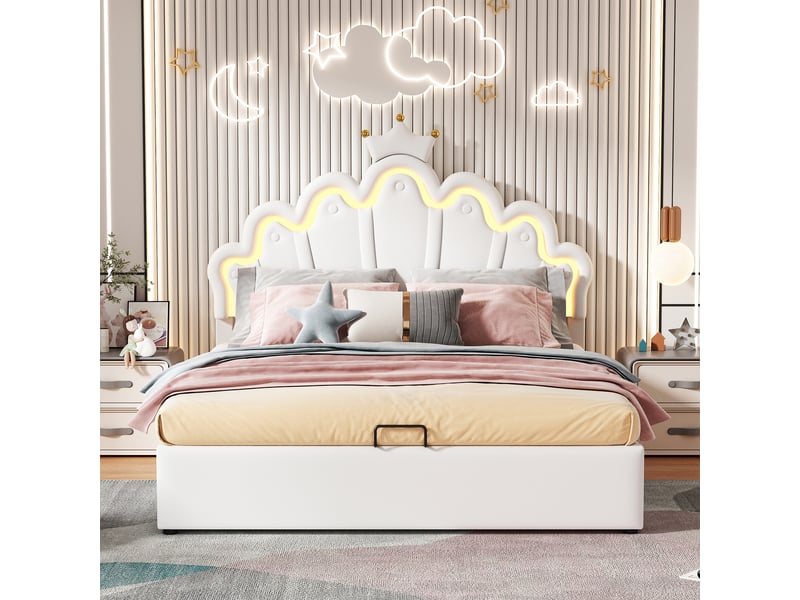  Lit coffre 200×140 cm avec éclairage led réglable par application, tête de lit couronnée, en similicuir blanc  - Conforama C