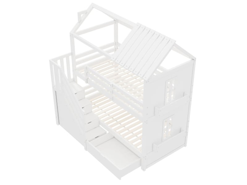 Lit enfant 90x200cm,lit superposé,lit cabane en bois massif avec escalier avec rangement,tiroirs,étagères et garde-corps,blanc lit enfant blanc - Conforama E