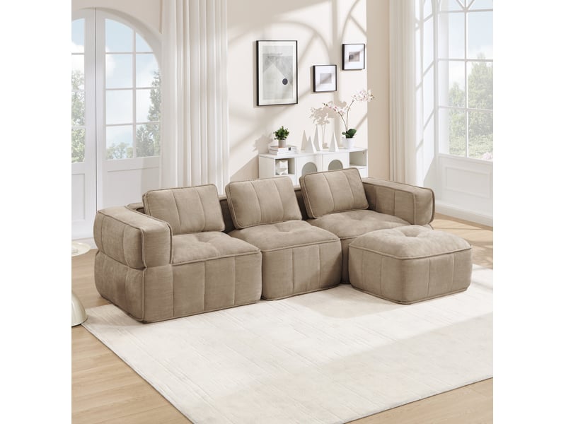  Canapé modulable d'angle 3 places 271x162x67 cm avec pouf beige  - Conforama E