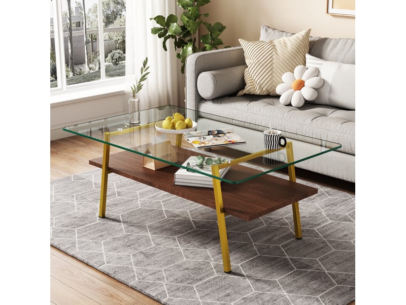  Table basse rectangulaire 98x58x42.5 cm en verre trempé, mdf et métal doré  - Conforama B