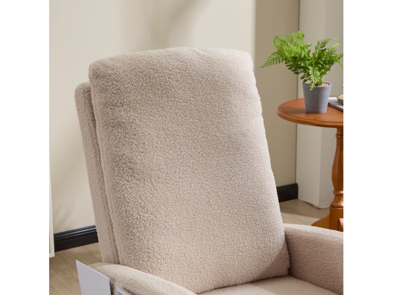 Fauteuil à bascule avec repose-pieds dépliable, dossier haut ergonomique et poche latérale en tissu teddy beige - Conforama E
